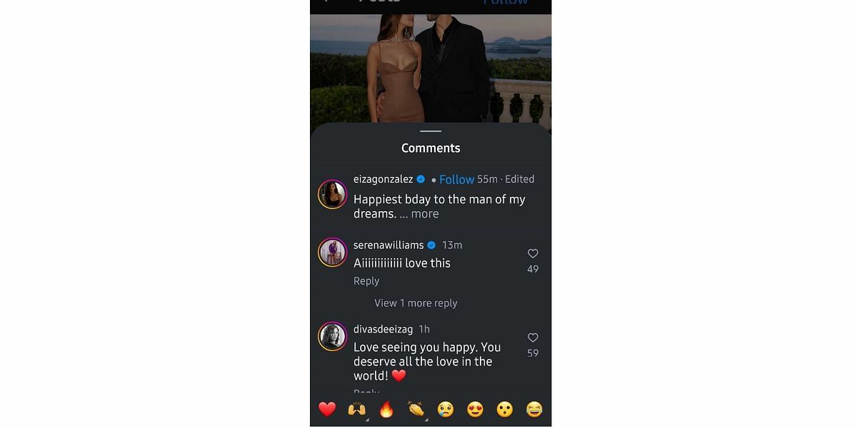 Serena Williams replies to Eiza Gonzalez's Instagram post (@eizagonzalez)